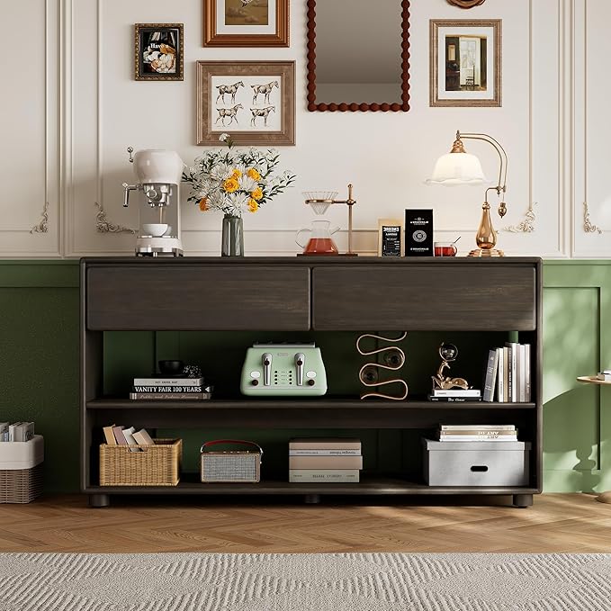 Wood Console Table with 2 Drawers and 2 Shelves, Vintage Entryway Table Storage Cabinet Sideboard for Dining Room Living Room Hallway (Espresso-P+)