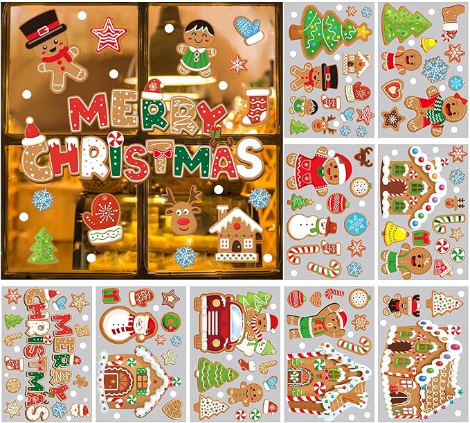 9 Sheets Christmas Gingerbread Man Window Clings Candy House Window Decorations Stickers Merry Christmas Door Seasons Decals for Holiday Xmas Home Kitchen Living Room(Gingerbread)