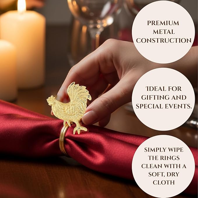 ALPHA Living HOME Set of 12 Rooster Napkin Rings for Farmhouse Table Decor | Premium Metal Chicken Dinnerware Holders | Rustic Kitchen & Holiday Party Table Setting (Gold)