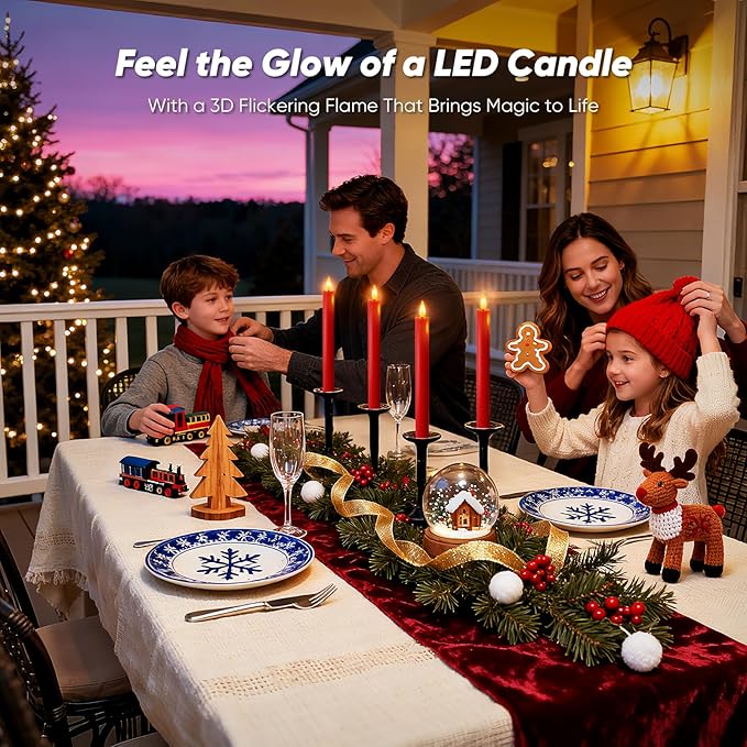 Homemory 6 Pcs Real Wax LED Red Flameless Taper Candles with Remote Timer, 9.6 Inches Fake Candlesticks, Dripless Battery Operated Window Candle with 3D Flickering Flame for Fireplace Xmas Decor