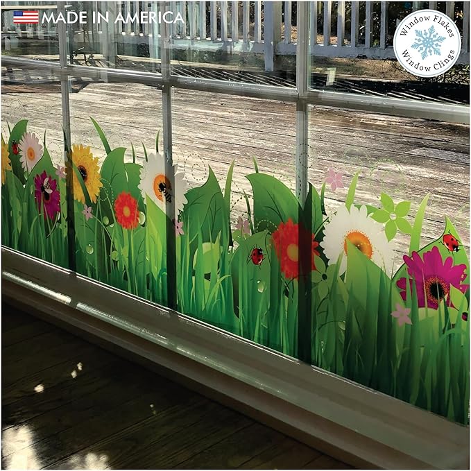 Springtime Flower Window Cling Decal for Glass - Wild Grass, Flowers, Bugs and Insects Design - Large Double Sided Vibrant Color Spring Decoration Window Sticker. Reusable Vinyl. Made in America.