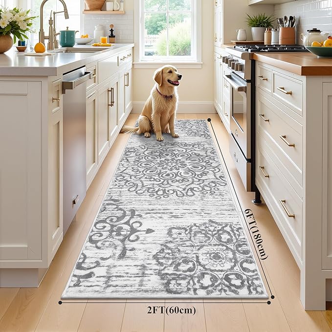 HEBE Hallway Runner Rug 2'x6' Washable Vintage Distressed Area Rugs Non Slip Laundry Rug Runner Boho Floor Carpet Runners for Hallways Entryway Laundry Room Kitchen Bathroom