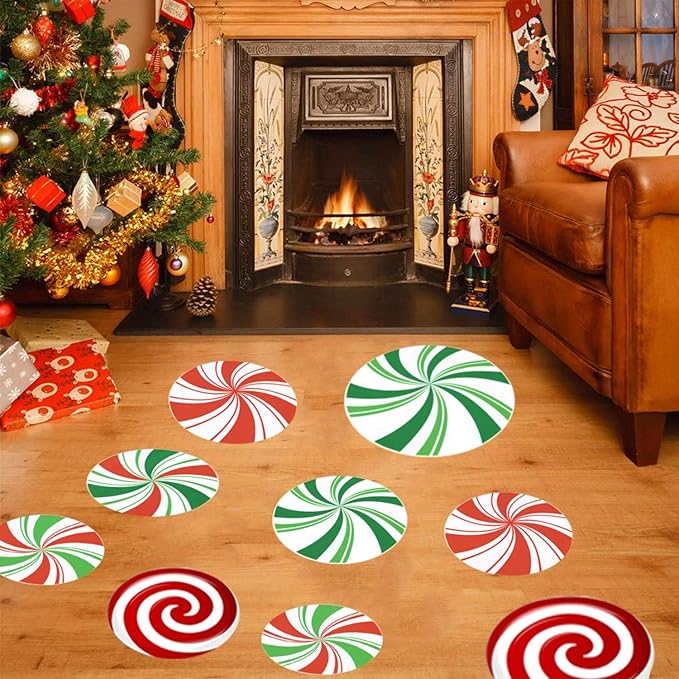 24PCS Peppermint Floor Decals Stickers- Self-Adhesive Design Christmas Candy Stickers,Floor Window Clings for Christmas Valentine's Day Candy Party Decorations (Red and Green)