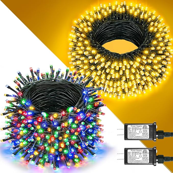 2 Pack Christmas Lights Outdoor, Total 200FT 600LED Christmas String Lights Waterproof, Green Wire Twinkle Tree Lights for Indoor Patio Party Decorations, 1 Pack Warm White & 1 Pack Multicolor