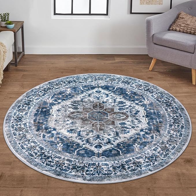 KOZYFLY Round Rug 5 Ft Rugs for Entryway Washable Circle Entrance Rug Non Slip Round Doormat Indoor Printed Faux Wool Round Front Door Mat Floor Carpet for Backdoor, Entryway, Bedroom, Blue