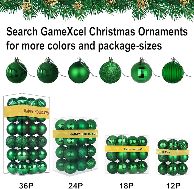 Emerald Green 2.5" Christmas Balls Christmas Tree Decoration Ornaments Shatterproof Hanging Balls for Birthday Halloween Holiday Wedding Decorations Set of 24pcs