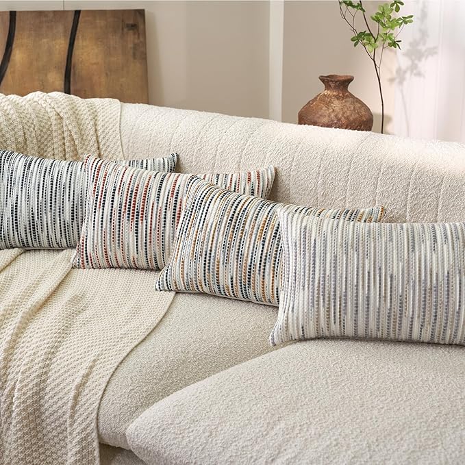 Aeckself Boho Striped Pillow Cover 12x20, Rectangle Decorative Lumbar Throw Pillow Cover Chenille Neutral Pillowcase for Couch Bedroom Living Room, Black Gray