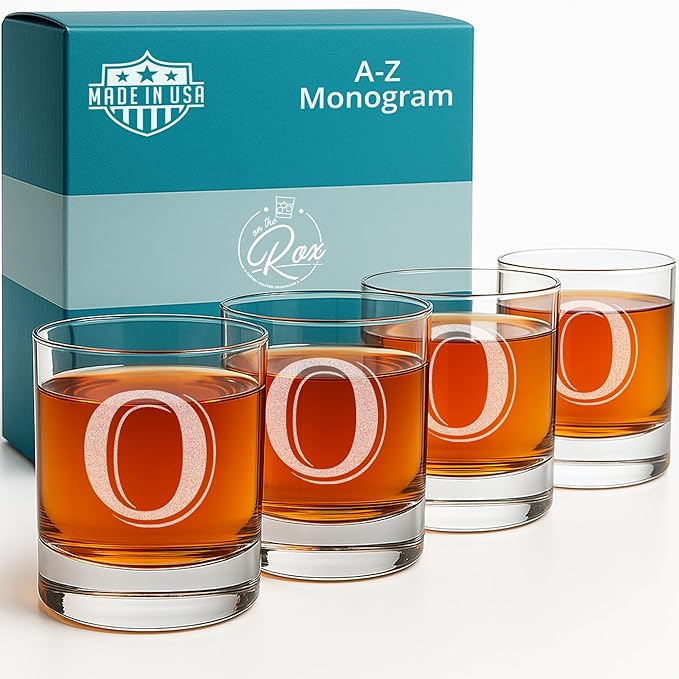 On The Rox Drinks (O-Monogram)- 4 Piece Set of 11 Ounce Engraved Heavy Base Rocks Glasses- Quality Elegant Glass-Multi-Purpose Beverage-Rocks Glass- For any Occasion