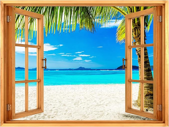 wall26 Removable Wall Sticker/Wall Mural Window View Tropical Palm Tree Beach Shore Paradise Wilderness Nature Photography Realism Rustic Landscape Colorful for Living Room, Bedroom, Office - 24"x32"
