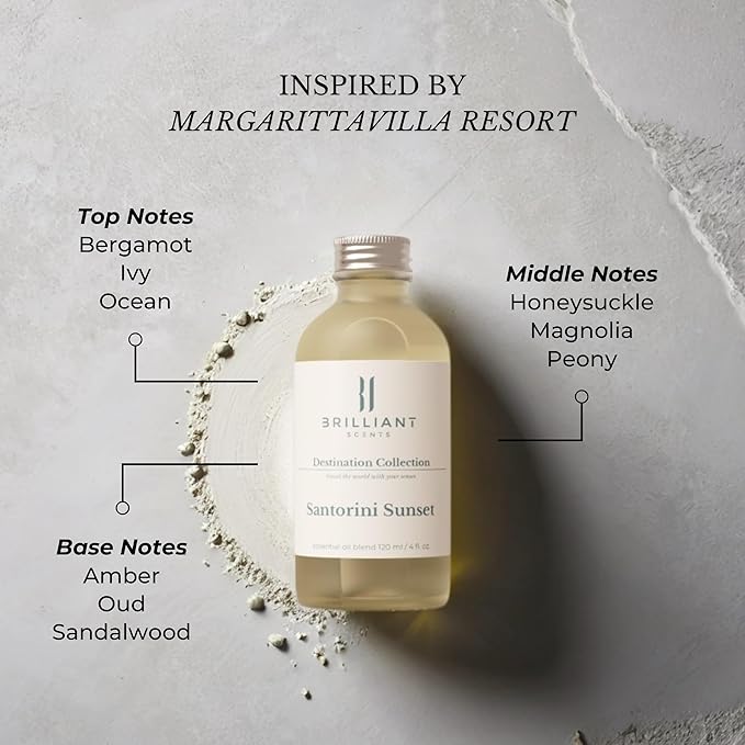Brilliant Scents Santorini Sunset Fragrance Oil 200ml - Premium Diffuser Oil for Home, Office, Hotels - Long Lasting, Plant-Based, Meets IFRA Standards, USA-Made - Ivy, Magnolia, Oud