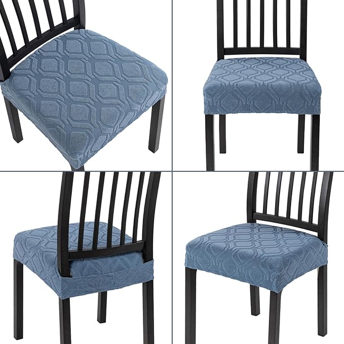 SearchI Stretch Dining Chair Seat Covers Set of 6, Soft Removable Washable Seat Covers for Dining Chairs, Dining Room Seat Cover Protector (Rear-Covered, Hexagon Blue)