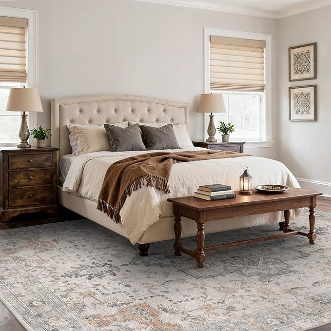 10x12 Area Rugs for Living Room, Non Slip Machine Washable Vintage Rugs, Low Pile Lightweight Print Large Rug for Bedroom, Dining Room, Home Office, Light Taupe Brown