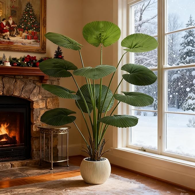 Artificial Palm Tree Faux Fan Palm Tree, 5FT Tall Tropical Areca Floor Plant in Pot Indoor and Outdoor Round Leaves Fake Plant for Home Bathroom Porch Outside Patio Decor