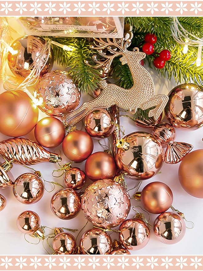 Kalolary Christmas Ball Ornaments 30PCS Xmas Hanging Balls Shatterproof Christmas Decorations Matte Shiny Christmas Tree Balls Assorted Christmas Decor for Wedding Party Festival Supplies (Rose Gold)