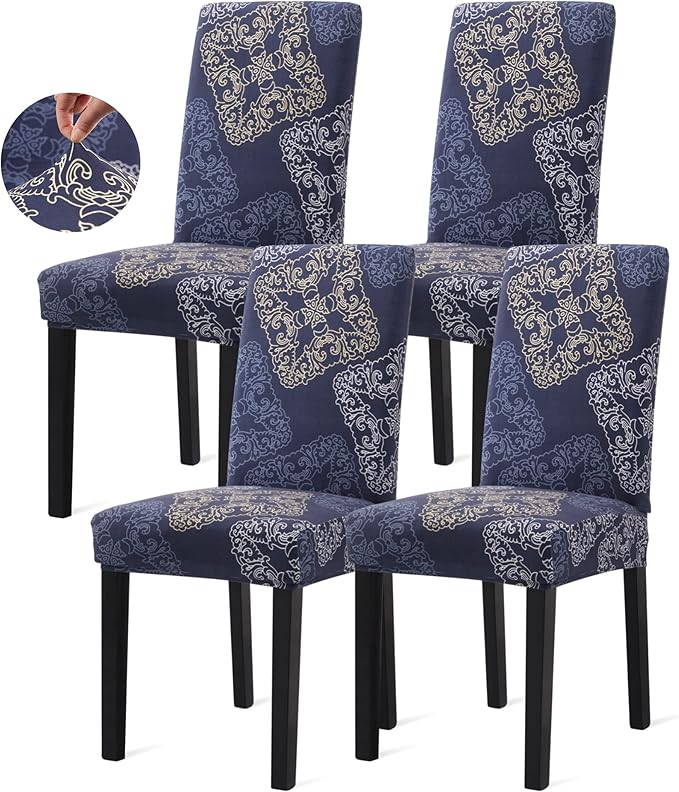 Sufdari Dining Chair Covers,Kitchen Chair Cover,Parsons Chair Slipcover,Spandex Chair Protectors for Dining Room Stretch Chairs Cover Set of 4 -Blue Geometric