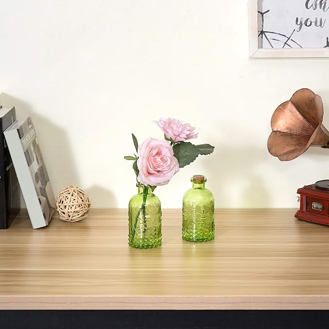 MyGift Vintage Embossed Green Glass Small Reed Diffuser Bottle with Cork Lid, Decorative Flower Bud Vase, Set of 2