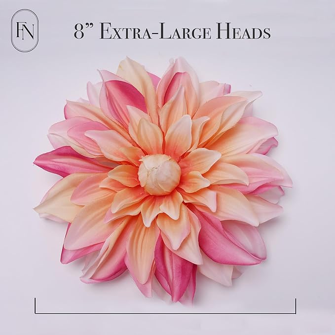 Artificial Peach Dahlia 6 Large Heads with Stem Faux Fake Silk Flower Decor for Vase Bouquet Home Living Room Indoor Outdoor Wedding Spring Summer All Seasons DIY Decoration Arrangement