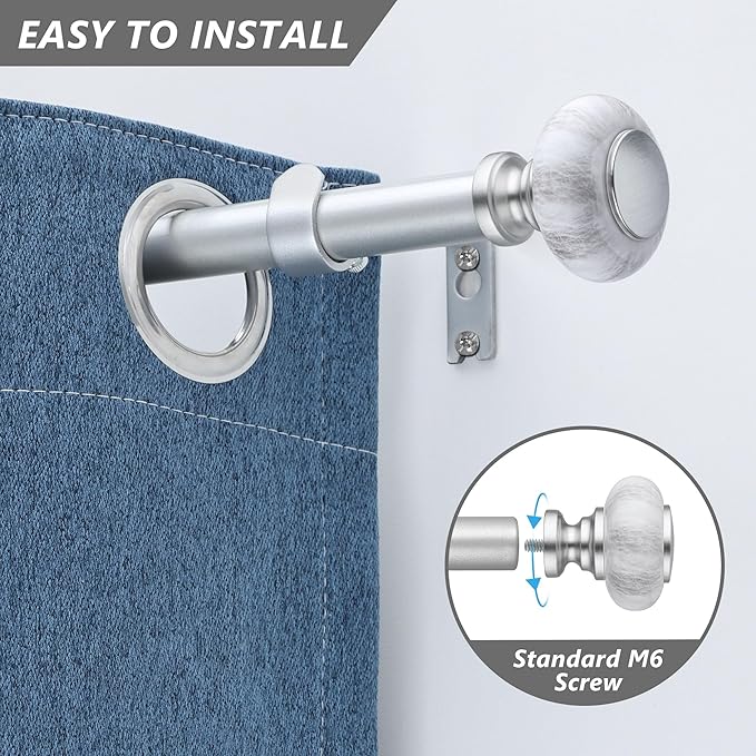 Silver Curtain Rods for Windows 28 to 48 Inches,Adjustable 6/8 Inch Heavy Duty Drapery Curtain Rods with Marbled Finials for Bedroom,Living Room