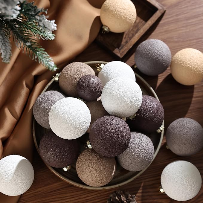 Christmas Ornaments Set 12PCS - 2.4 Inch Textured Shatterproof Vintage Neutral Ball Ornaments for Tree Rustic Farmhouse Decor