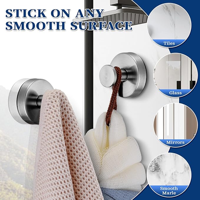 Suction Cup Hooks No Drill Stainless Steel Shower Hooks Towel Hook Heavy Duty on Smooth and Non-Porous Surfaces in Bathrooms Kitchen Bedroom (2, Brushed Nickel)