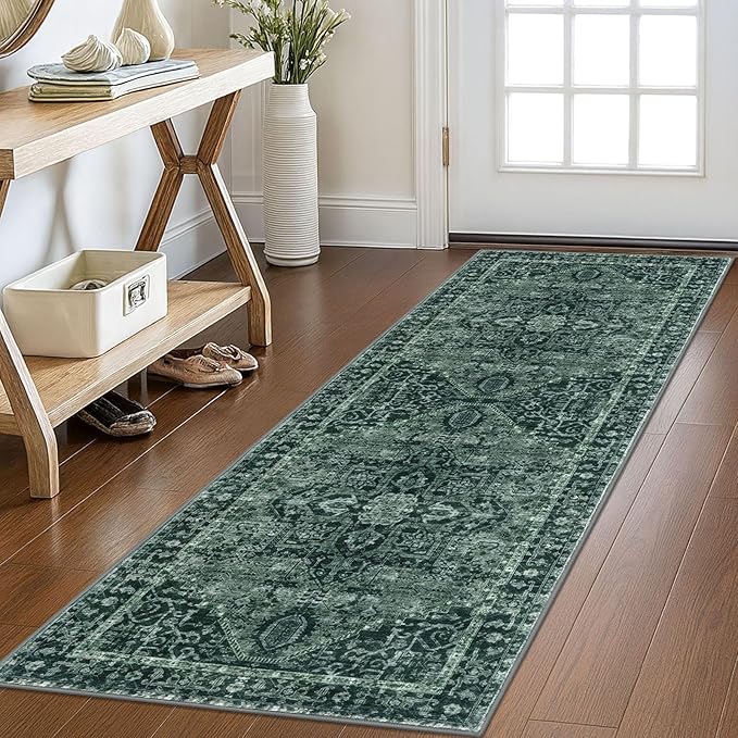 KOZYFLY Runners for Hallways 2x6 Ft Washable Kitchen Runner Rug Boho Runner Rug for Entryway Indoor Printed Oriental Faux Wool Floor Carpet Runner for Bedroom Kitchen Hall, Dark Green