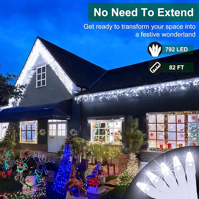 792 LED Christmas Lights with 176 Drops,82ft 8 Modes Fairy Hanging String Lights with Timer Waterproof, Plug-in Christmas String Lights for Holiday Wedding Party Christmas Decorations (Cool White)