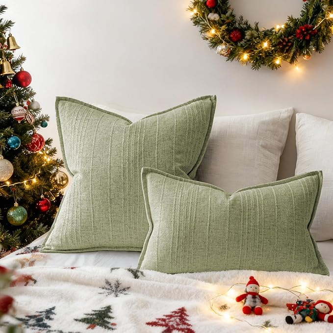 a moment Linen Pillow Covers Set of 2,Boho Farmhouse Throw Pillowcases Neutral Textured Decorative Covers for Couch Sofa,Soft Linen Blend Accent Case Cushion Home Decor 20"x20"Seeding Green