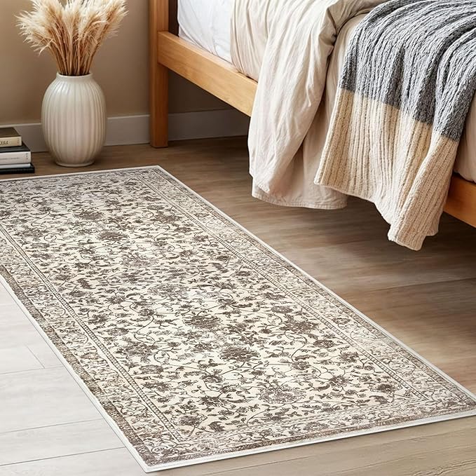 KILOCOCO Hallway Runner 2x5 Kitchen Runner Rug Printed Vintage Floral Washable Non-Slip Rubber Backed Runners for Hallways Laundry Room Distressed Boho Rugs for Entryway Bedroom, Beige/Brown