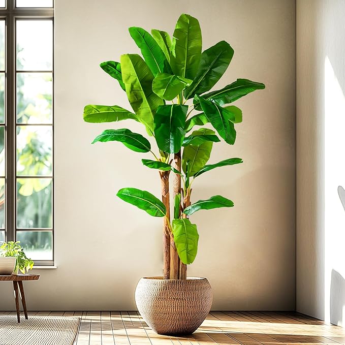 8.2FT Artificial Banana Tree Tall Fake Banana Leaf Plant Faux Banana Silk Tree Faux Banana Leaves for Home Swimming Pool Indoor Outdoor Patio Tropical Decor
