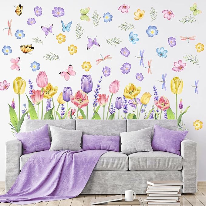Eersida 6 Sheets Spring Wall Stickers Flower Decals Lavender Tulip Butterfly Spring Flower Wall Clings Art Garden Decorations for Living Room Bedroom Home