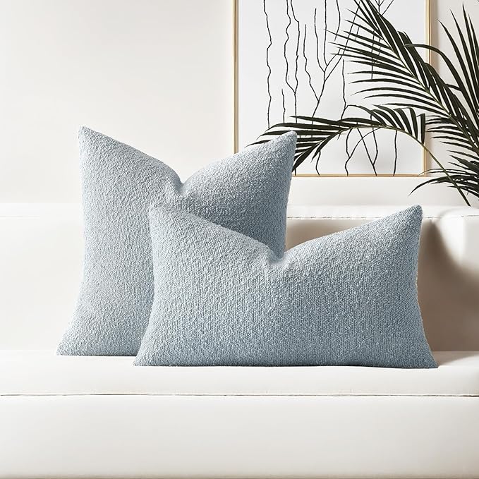 HAUSSY Set of 2 16x16 Decorative Throw Pillow Covers, Soft Cozy Textured Boucle Couch Cases, Home Decor for Couch Bed Living Room, Dusty Blue