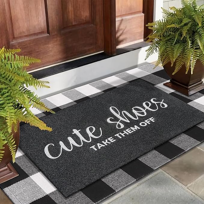 Welcome Mat Outdoor Entryway Cute Shoes Take Them Off Mats for Front Door with Rubber Backing Doormat All-Weather Indoor Mat Polystyrene Non Slip Natural Mat Black