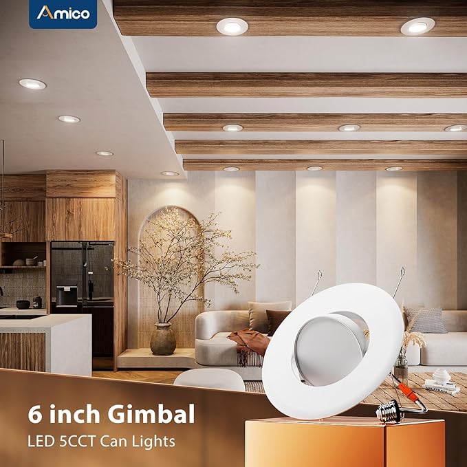 Amico 12 Pack 6 Inch Retrofit Eyeball Gimbal Can Lights, Adjustable Eyeball Directional 5CCT LED Recessed Lights, Dimmable, 2700K/3000K/3500K/4000K/5000K Selectable, 7W 650LM, ETL&FCC