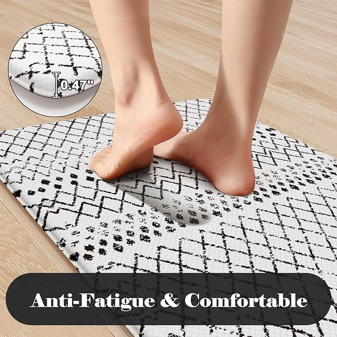 KIMODE Kitchen Mats for Floor Cushioned Anti Fatigue, Boho Kitchen Rugs Sets of 2, Non Slip Kitchen Floor Mats,Comfort Standing Mats for Sink Laundry Desk Black and White 20"x71"+20"x32"