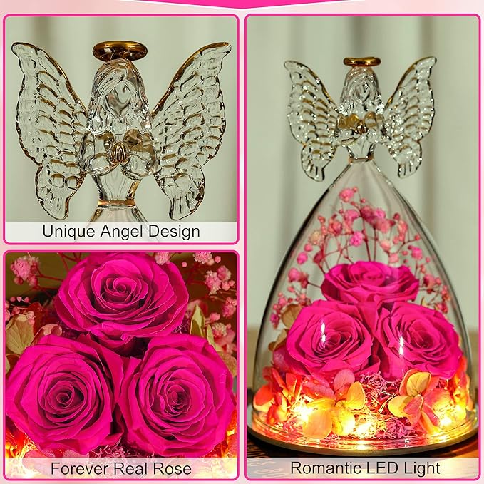 Christmas Rose Gifts for Women Preserved Real Flower in Glass Angel Figurines Roses for Delivery Prime Birthday Gifts for Mom Grandma Girlfriend Wife Her - Hot Pink