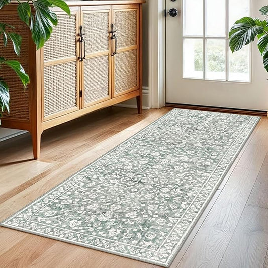 Vintage Washable 2x5 Rug Runner, Sage Green Grey Runners for hallways, Super Soft Kitchen Runner Rug Non Slip, Printed Faux Wool Floral Thin Carpet Runner for Entryway Laundry Room Bedroom