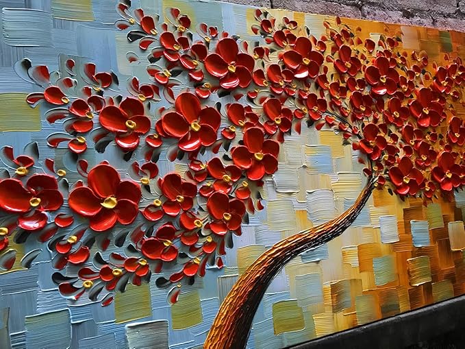 YaSheng Art -handpainted Texture Flowers Contemporary Art Oil Painting On Canvas Abstract Canvas Art 3D Red Tree Paintings Modern Home Wall Art for living room Bedroom Dining Room Office Wall Decor 24x48inch