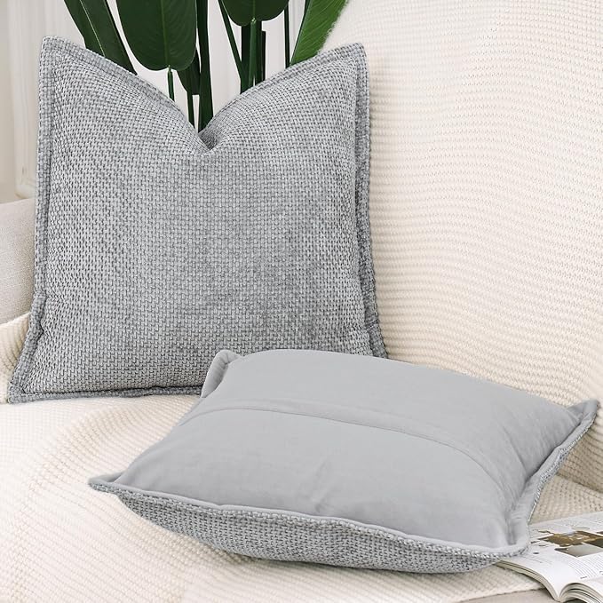 MADIZZ Chenille Velvet Throw Pillow Covers with Flange Set of 2 Super Soft Boho Textured Pillow Covers Decorative Throw Pillowcases Modern Farmhouse Home Decor for Sofa Bedroom Grey 20x20 Inch