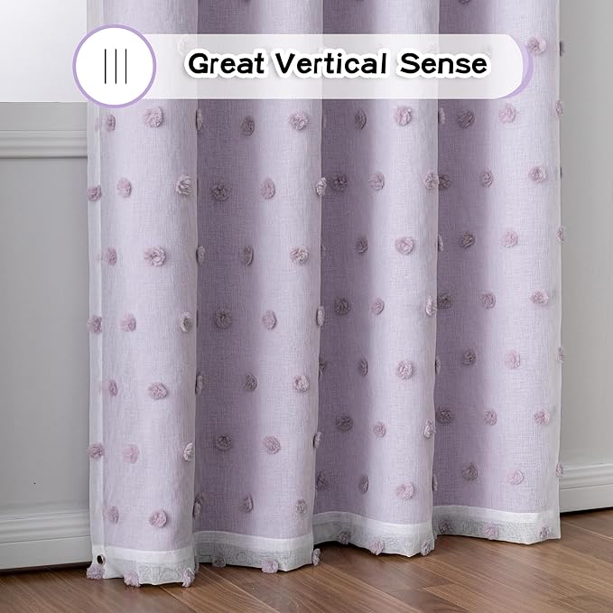 MYSKY HOME 90 Inches Long Curtains with Lilac Pom Pom Sheer Nursery Curtain Girl Blackout Drapes for Kids Bedroom 2 Layered Room Darkening Window Panels for Toddler Grommet, Purple, 52" Wide, 2 Pieces