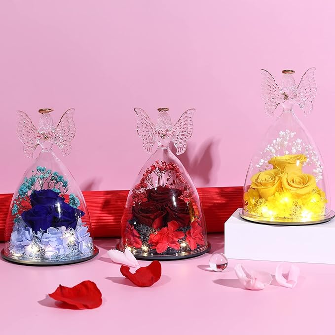Christmas Rose Gifts for Women Preserved Real Flower in Glass Angel Figurines Roses for Delivery Prime Birthday Gifts for Mom Grandma Girlfriend Wife Her, Dark Blue