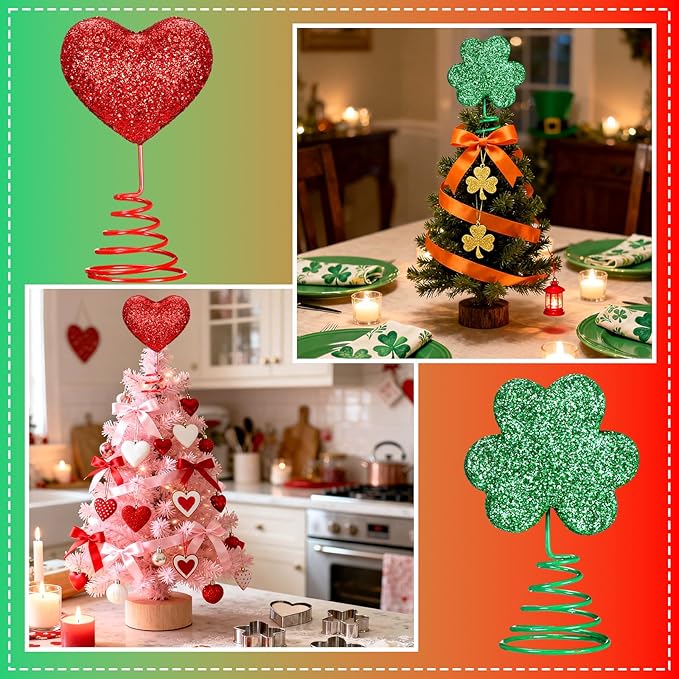 2 Pcs Valentine's Day Heart St Patrick's Day Mini Glitter Tree Topper, Romantic Heart Shamrock Metal Glitter Ornament Decorations for Valentines St Patrick's Irish Holiday Party