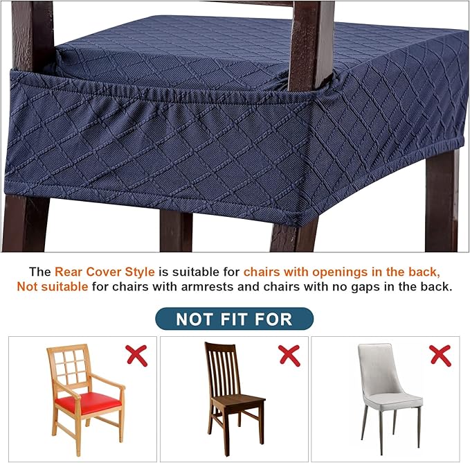 Genina Waterproof Seat Covers for Chairs,Set of 2 Dining Room Chair Seat Covers for Kitchen,Stretch Jacquard Removable Washable Dining Chair Slipcovers Protectors with Rear Covers, Navy Blue