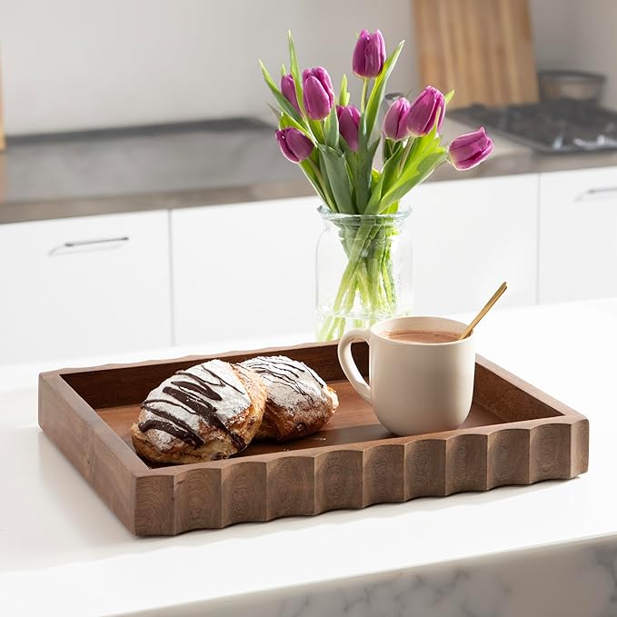 Kate and Laurel Lissi Decorative Rectangle Tray with Wavy Design, 16 x 12, Walnut Brown, Mid-Century Modern Scalloped Serving Tray for Coffee Table, Dining Table, or Entryway