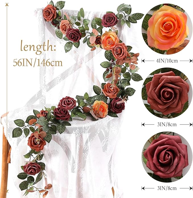 2Pcs Garisey 5FT Terracotta Artificial Flower Garland Fall Floral Garland Burnt Orange Arch Rose Vine for Wedding Ceremony Party Backdrop Decor Arch Flowers Mantel Table Centerpieces Decorations