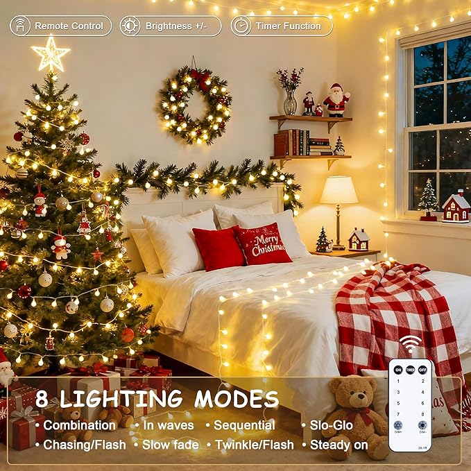JMEXSUSS 100 LED Connectable Globe String Lights Indoor Bedroom, 33ft Warm White Christmas Lights Plug in with Remote, 8 Mode Hanging Fairy Lights Outdoor for Room Classroom Party Tree Christmas Decor