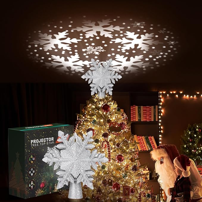Christmas Tree Topper Lighted with 6 Projected Patterns, Christmas Star Tree Topper Built-in LED Rotating Lights, 3D Glitter Projector for Party Holiday Xmas Decorations Gifts (Snowflake)