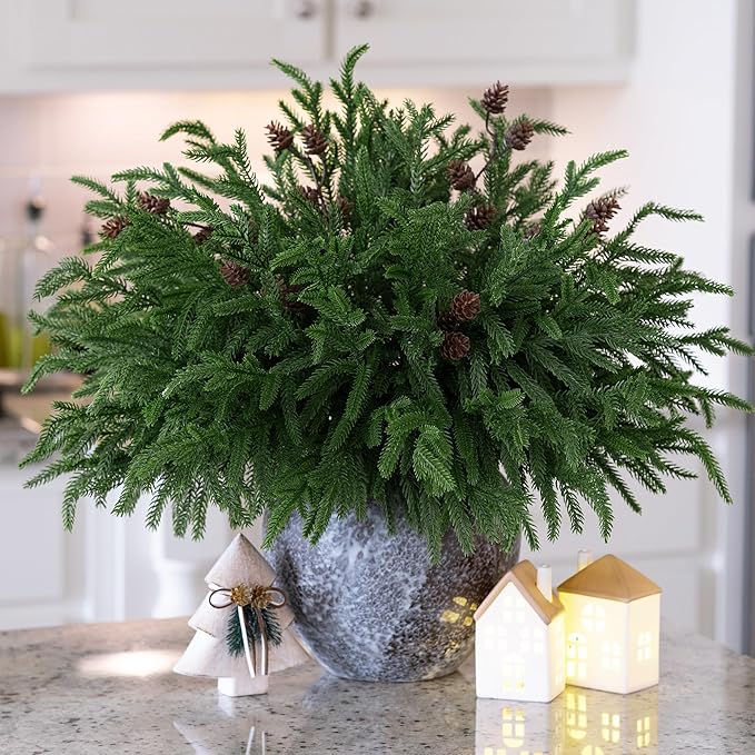 HyeFlora 14 PCS Christmas Norfolk Pine Stems with Small Pine Cones Branches, 19 In Real Touch Artificial DIY Greenery Pine Needles Picks,Xmas Faux Cedar Pine Branche for Vase Indoor Outdoor Home Décor