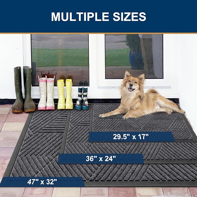 Smiry Front Door Mat Outside Entrance, Heavy Duty Sturdy Natural Rubber Doormat, Trap Dirt and Moisture, Easy Clean Low Profile Mats for Indoor Outdoor Entry, Irregular Triangle (29.5x17, Light Grey)