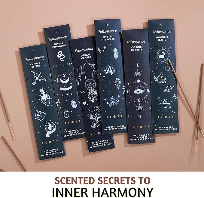 Folkulture Incense Sticks | Set of 6 (120 Insence Sticks) - Non Toxic Palo Santo & Sandalwood, Lavender, Patchouli, Rosemary Insence-Stick | 45 Min Burn Time | Inscents-Sticks for Women