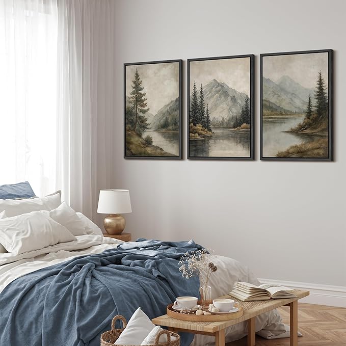 MUDECOR Framed Wall Art Print Set Mountain Landscape Nature with Trees, Lake, and Mountains, Rustic Illustrations Modern Art Decorative Colorful for Living Room, Bedroom, Office - 24"x36"x3 Black
